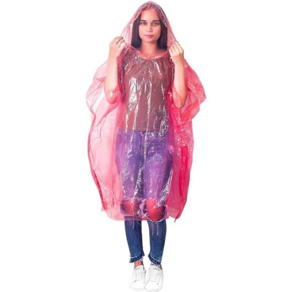 Red Emergency Storm Poncho. One size fits all. Disposable Polyethylene Rain Ponc - Picture 3 of 7